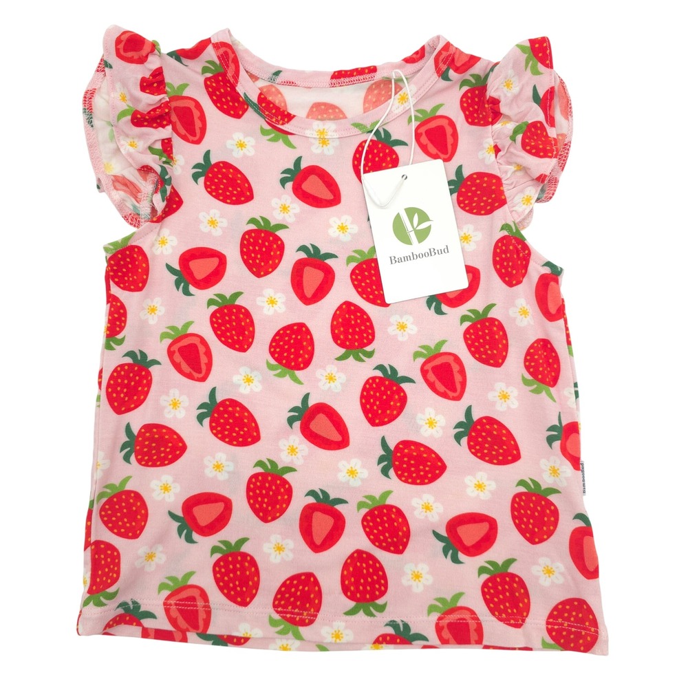 BambooBud Strawberry Print Flutter Sleeve Top Kids Pink Size 3T